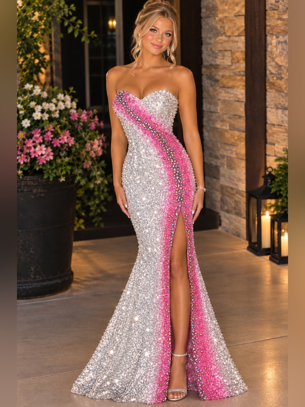 Jovani Silver Sequin Strapless Gown with Pink Cascade